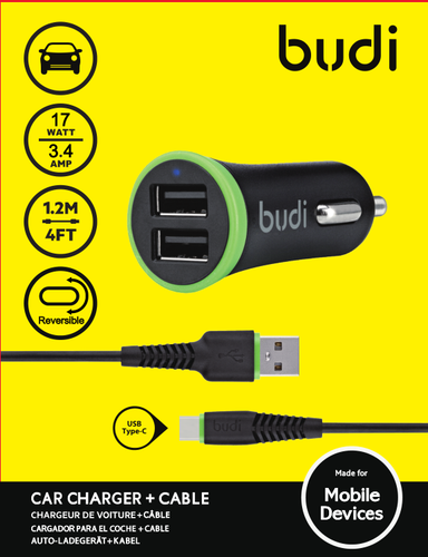 Budi 2usb 061 car charger Type-C cable 1.2 meter